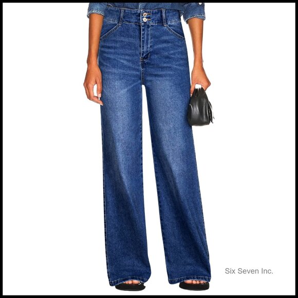 Denim - High Waisted Wide Leg Jeans Stretchy Tummy Control Straight Leg Denim Pants